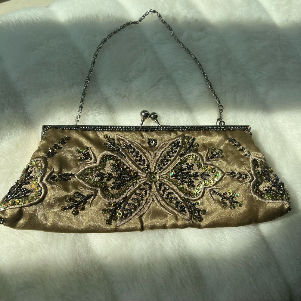 Satin Beaded Olive Green Vintage inspired clutch w/chain